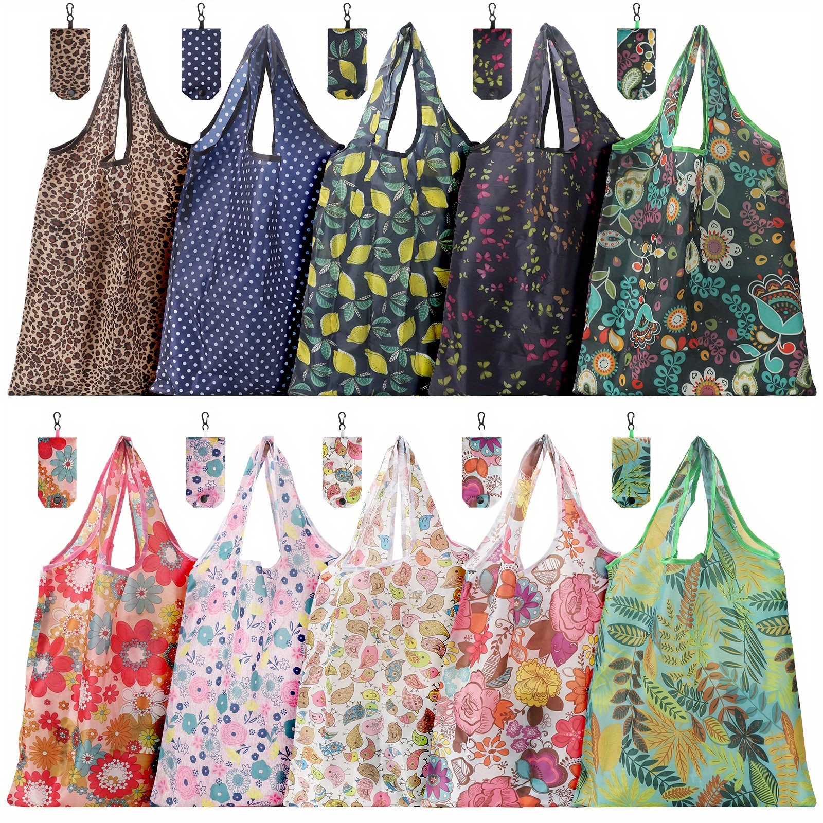 TEMU Set Of 10 Reusable Shopping Bags, Spacious Foldable With Vibrant Designs, Convenient Shoulder Bags For Shopping, Travel, And Storage, Perfect