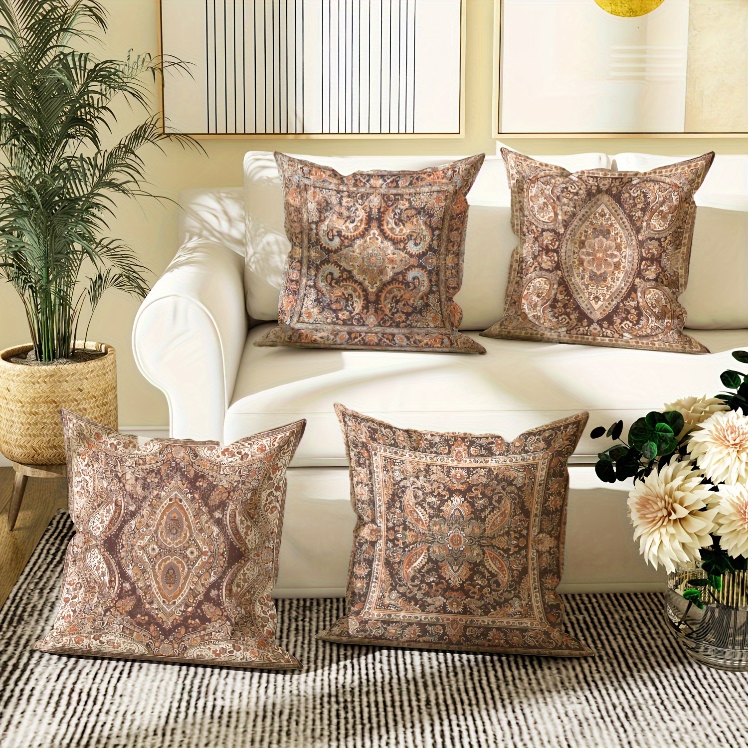 

4-piece Bohemian Style Throw Pillow Covers: Vintage Turkish Design In Brown, Beige, And Orange, Suitable For Home, Office, And Living Room Decor - No Inserts Included