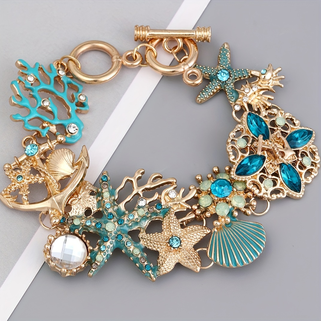 

1pc Boho Ocean Element Bracelet, Copper Metal Starfish Diy Charm Bracelet Jewelry Accessories