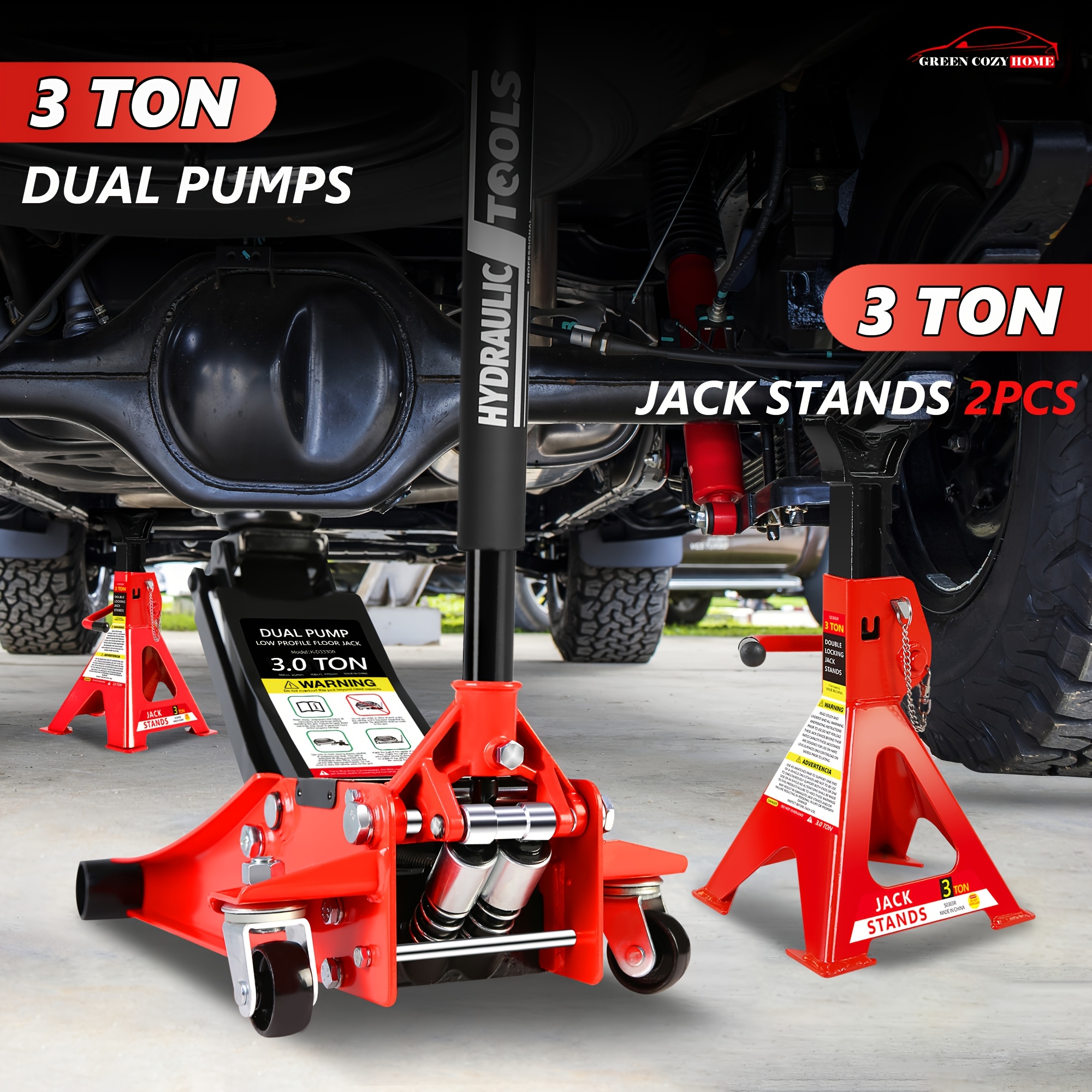 

Floor Jack Combo, Hydraulic Floor Jack With Dual Pump, 3 Ton (6, 600 Lb) Capacity, Lifting Range 3.3"- ", 2 Jack Stands (3 Ton)