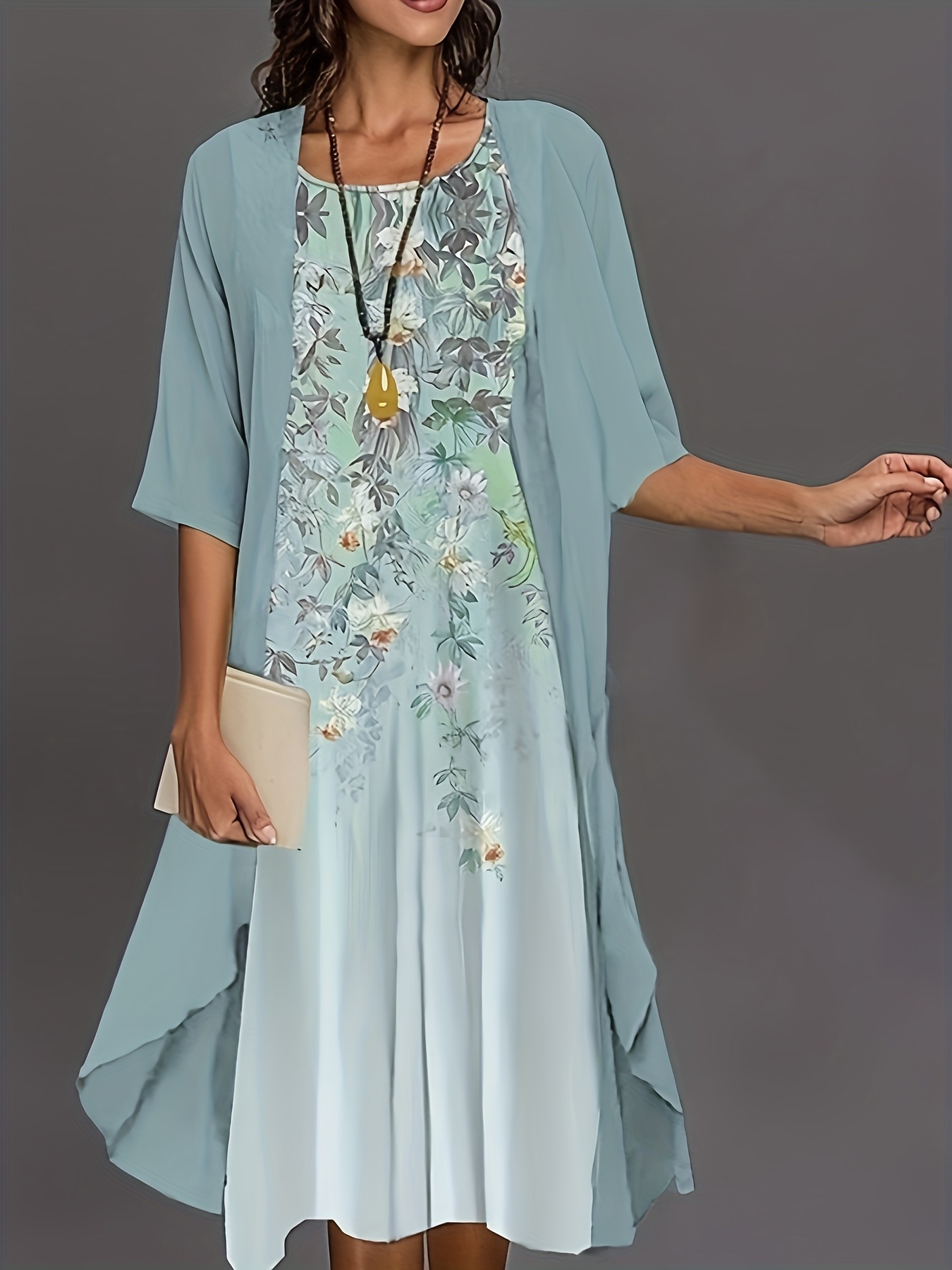 two-piece elegant dress set with sleeveless round neck and solid color chiffon long coat 0