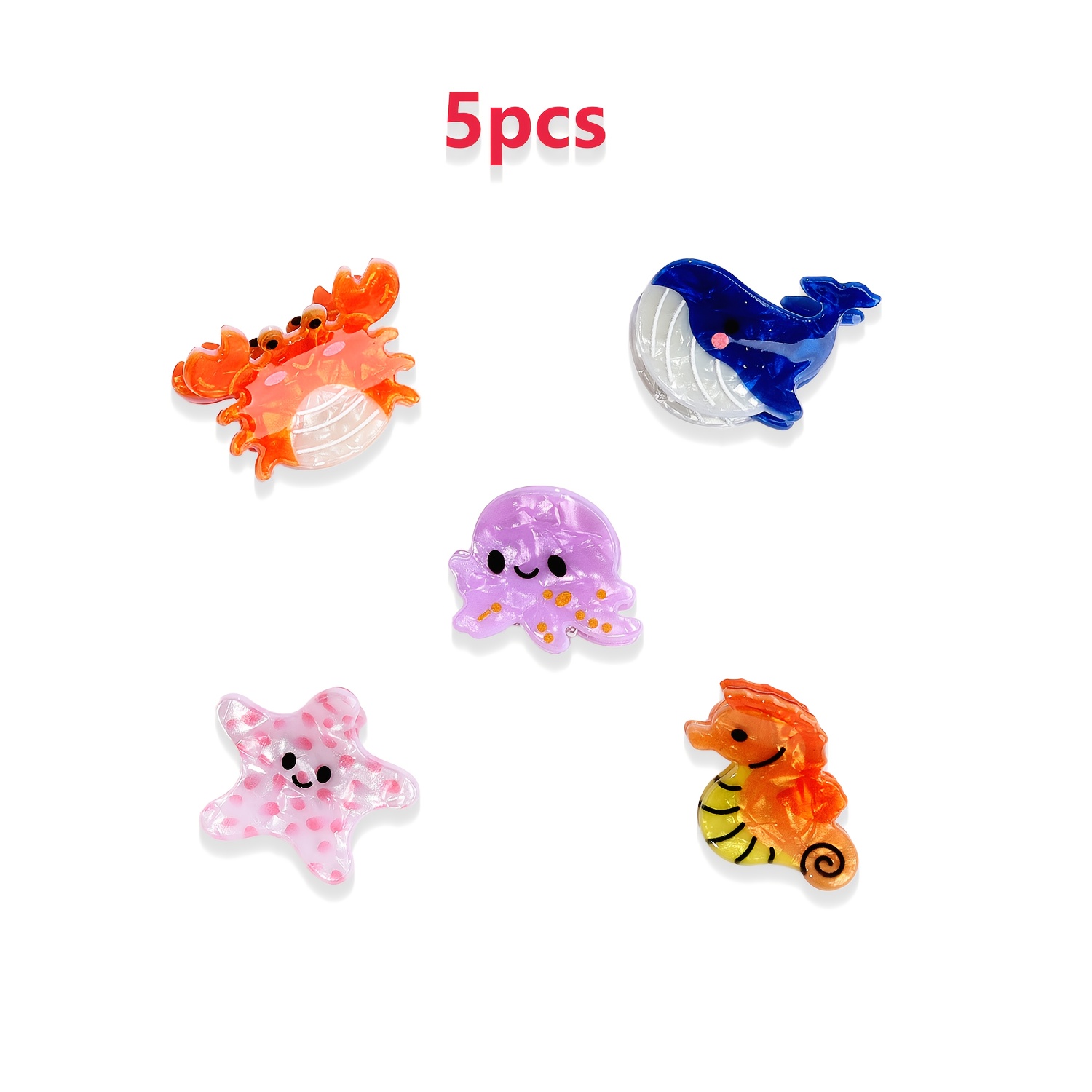 E-shop 5-teiliges Set kleiner Haarklammern mit Meerestier-Motiven – niedliche Acryl-Haarkrallen in Seestern-, Quallen-, Muschel- Hai-Form für Damen