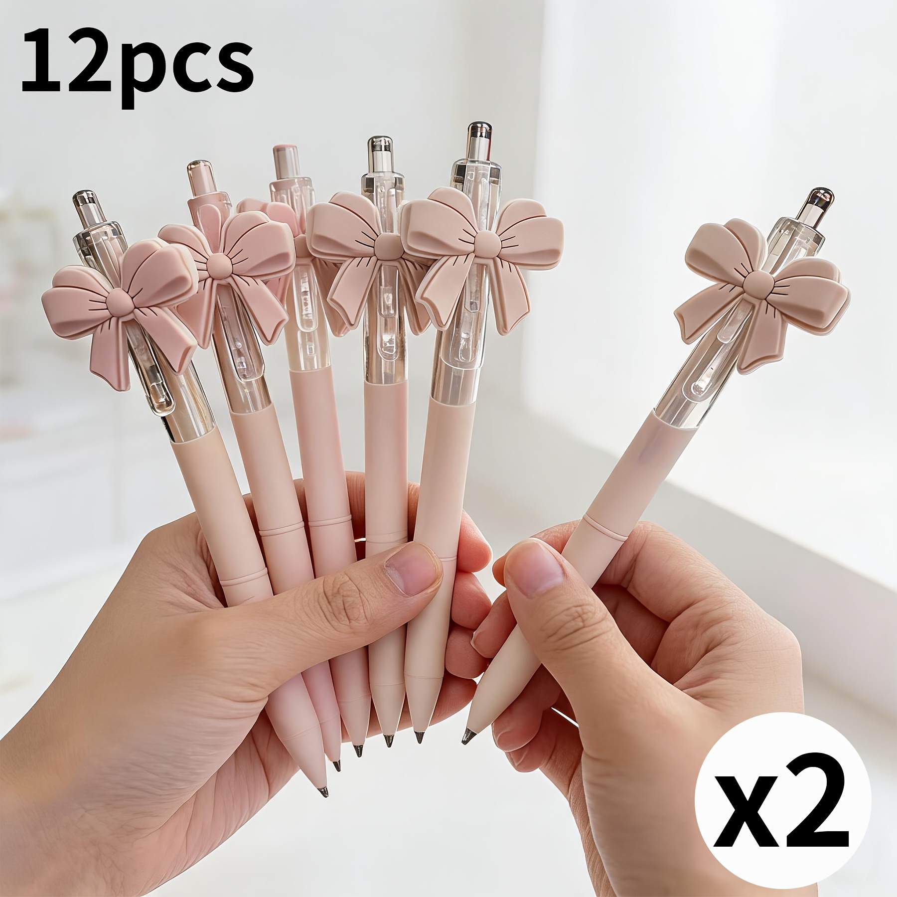 TEMU 12pcs Cute Pink Bow Gel Pens Set, Coquette Aesthetic Retractable Black Ink Pens 0.5mm Fine Point, Kawaii Smooth Quick Dry Writing For Students