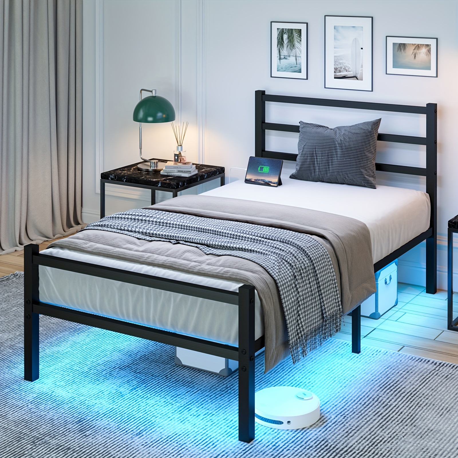 

Twin Bed Frame With Charging Station And Led Lights, Metal Platform Bed Frame With Headboard And Footboard, Heavy Duty Steel Slats, , Easy