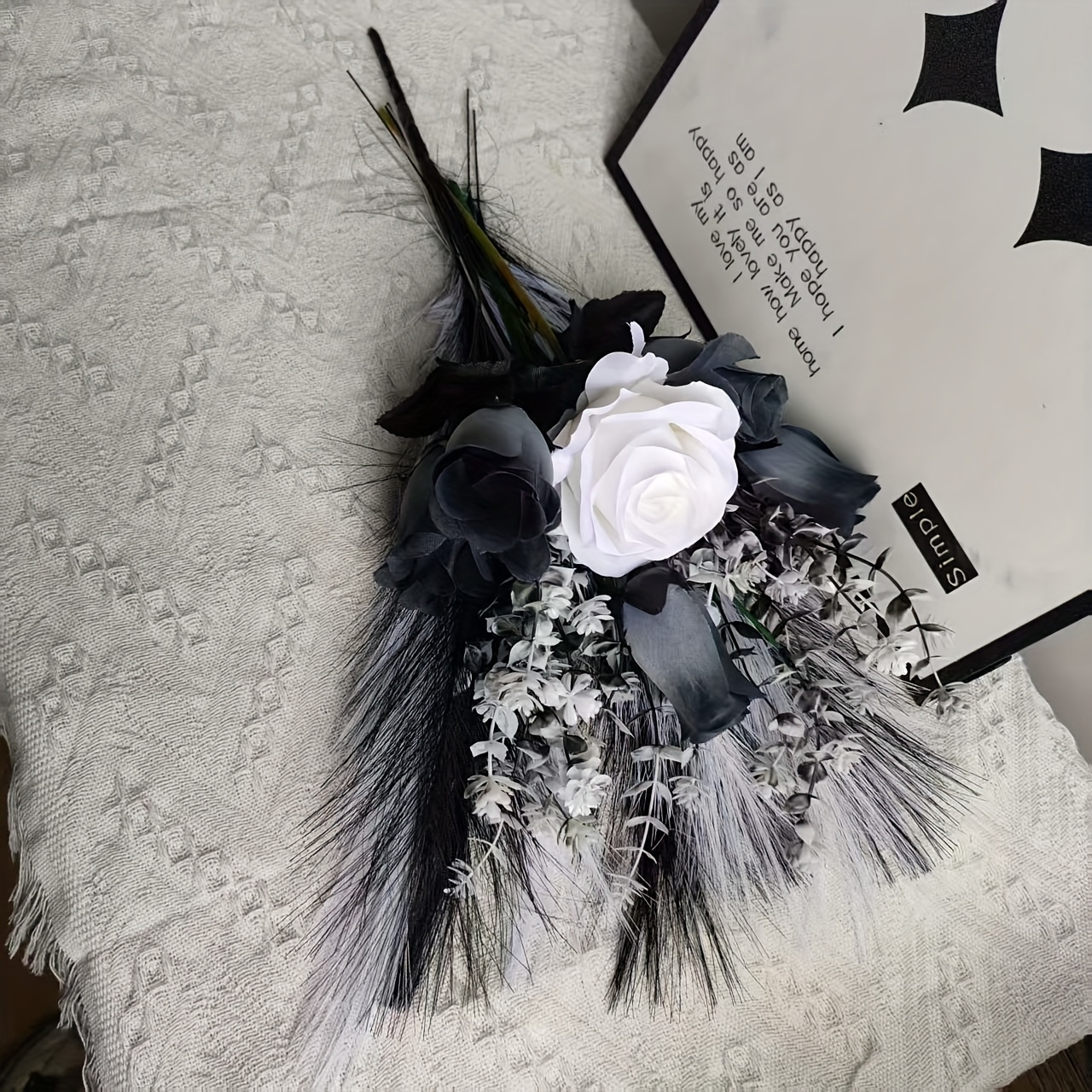 1set Artificial Black And White Roses, Reeds, 13pcs, Real Touch Suitable For Home Kitchen Decoration, Festivals, Wedding Bouquet Office Decoration (black And White Matching)