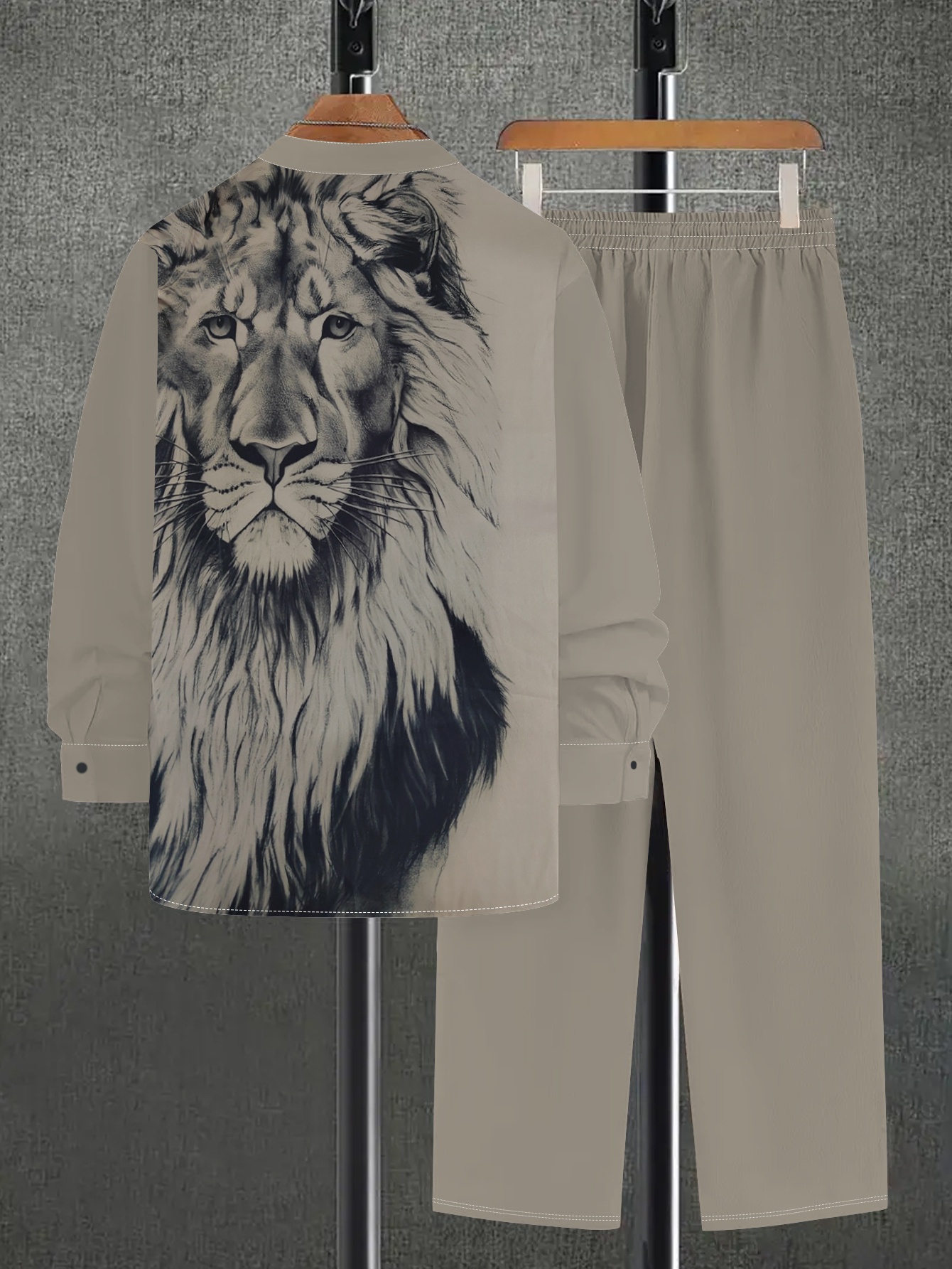 Men'S Fashion Print Suit, Two-Piece Set, Casual Lion Pattern Print Outfit for Parties, Evening Wear, Daily Festivals, Home Use, Four Seasons Stand Collar Leisure Suit