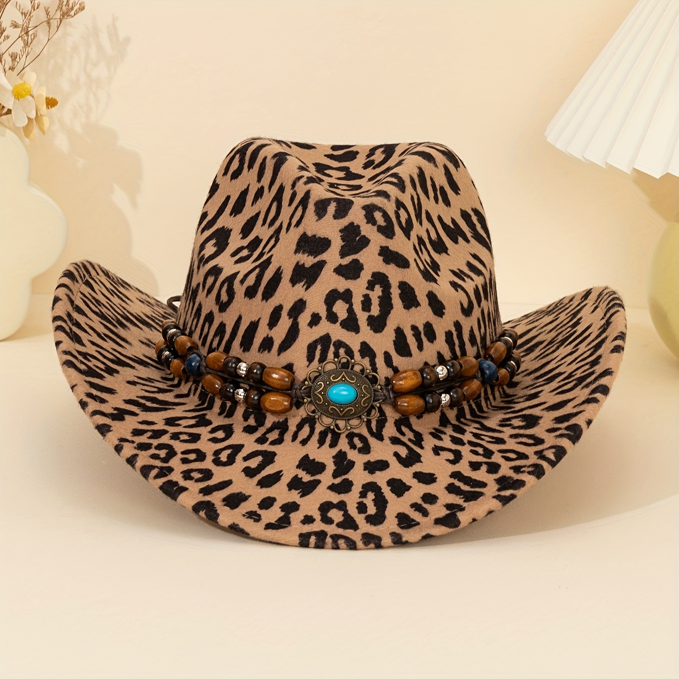 Image of 1pc Of Wood Turquoise Decoration Hat With A Pointed Brim Western Style Cowboy Hat With Leopard Print