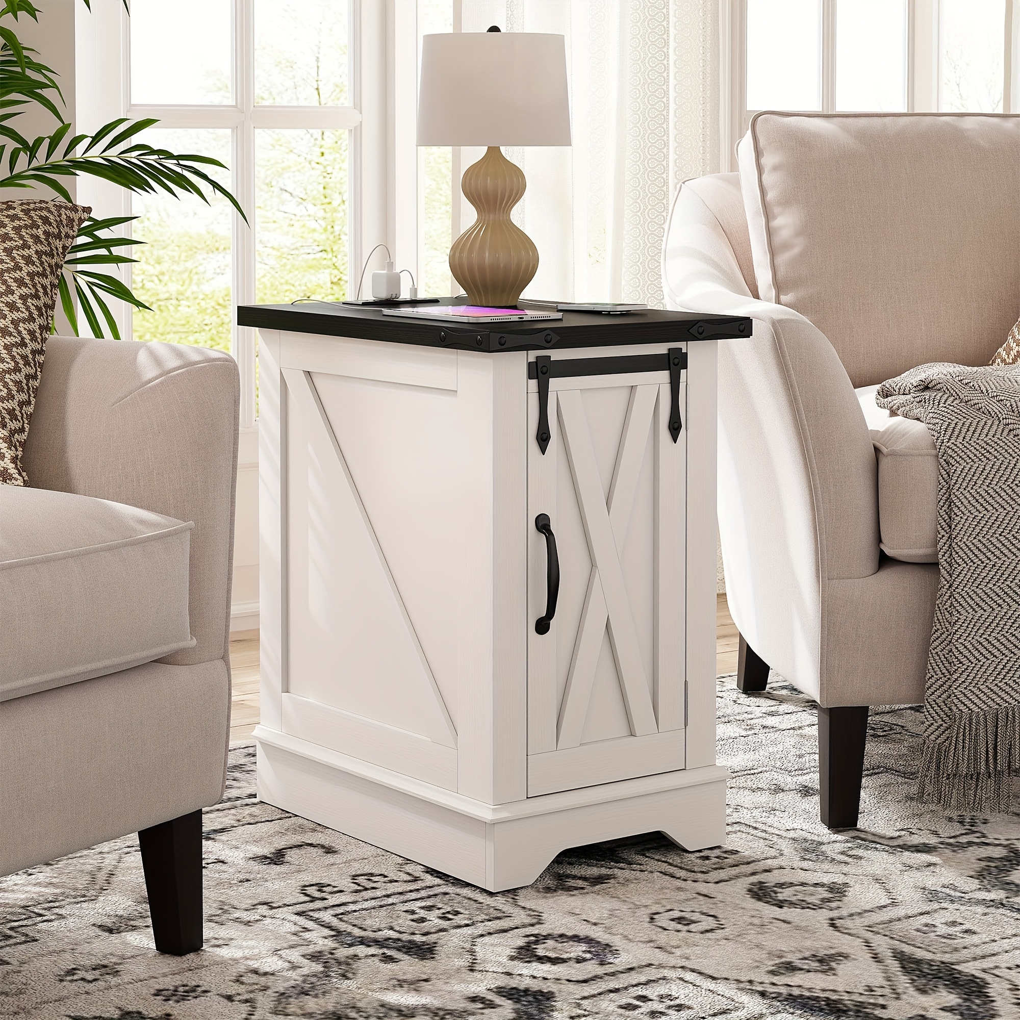 TEMU 1pc Nightstand With Charging Station, Durable Dresser, Stable Farmhouse 25" End Tables With Barn Doorlarge Wood Sofa Side Table With Adjustable