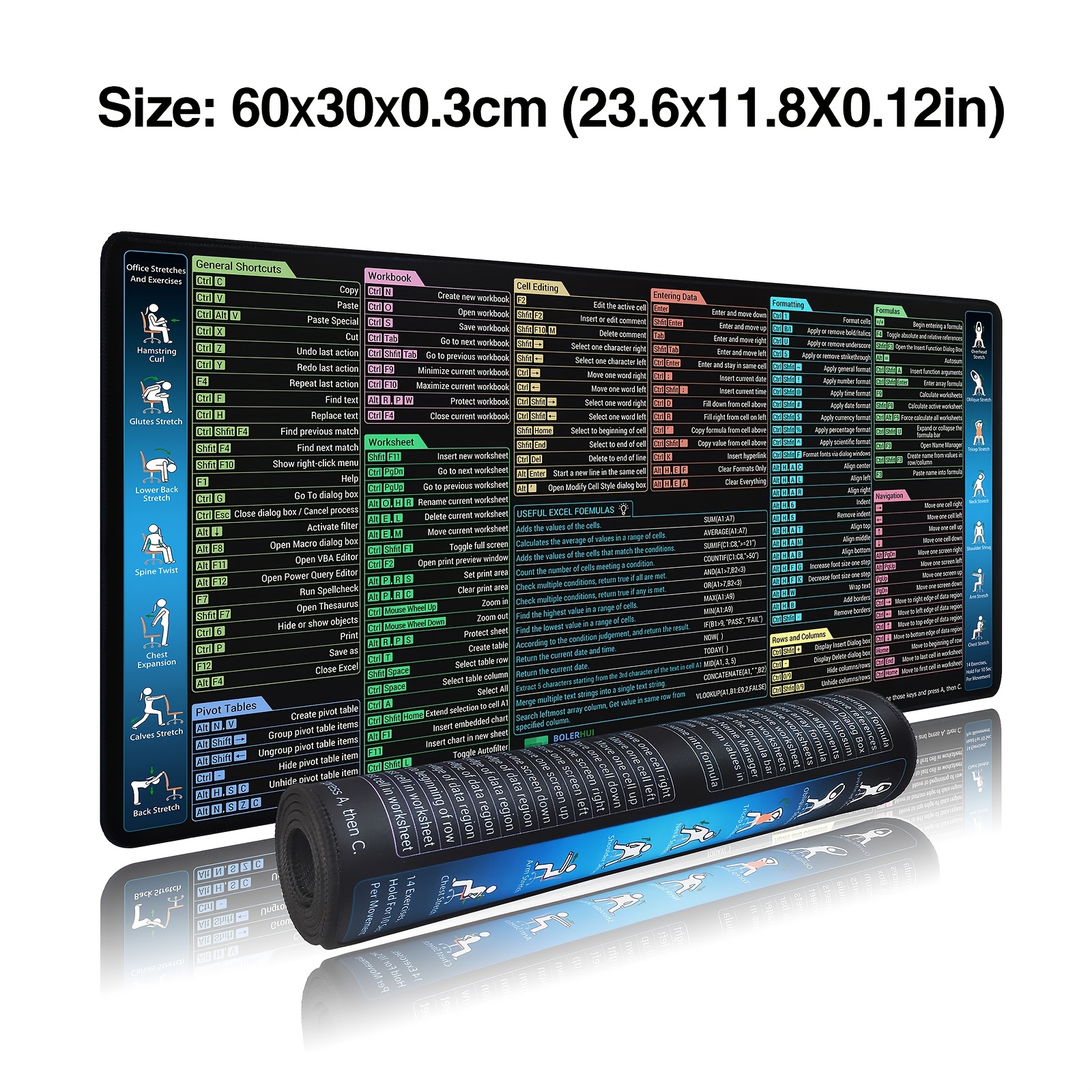 TEMU Excel Shortcuts Keys Cheat Sheet Mouse Pad, Extended Large Xxl Pc Office Keyboard Mat, Non-slip, Stitched Edge, Washable Mousepad, Ideal For