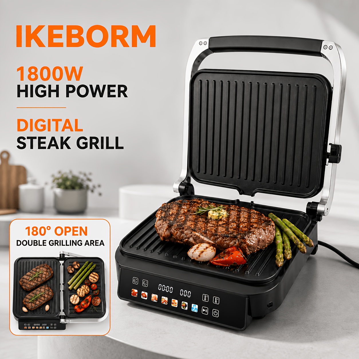 Image of 1800w Electric Contact Grill, Steak Grill & Panini Maker, Large Grilling Surface, Heat Insulated Handle & Indicator Light, Tabletop Electric Grill For Steak, Panini, Fish, Vegetables