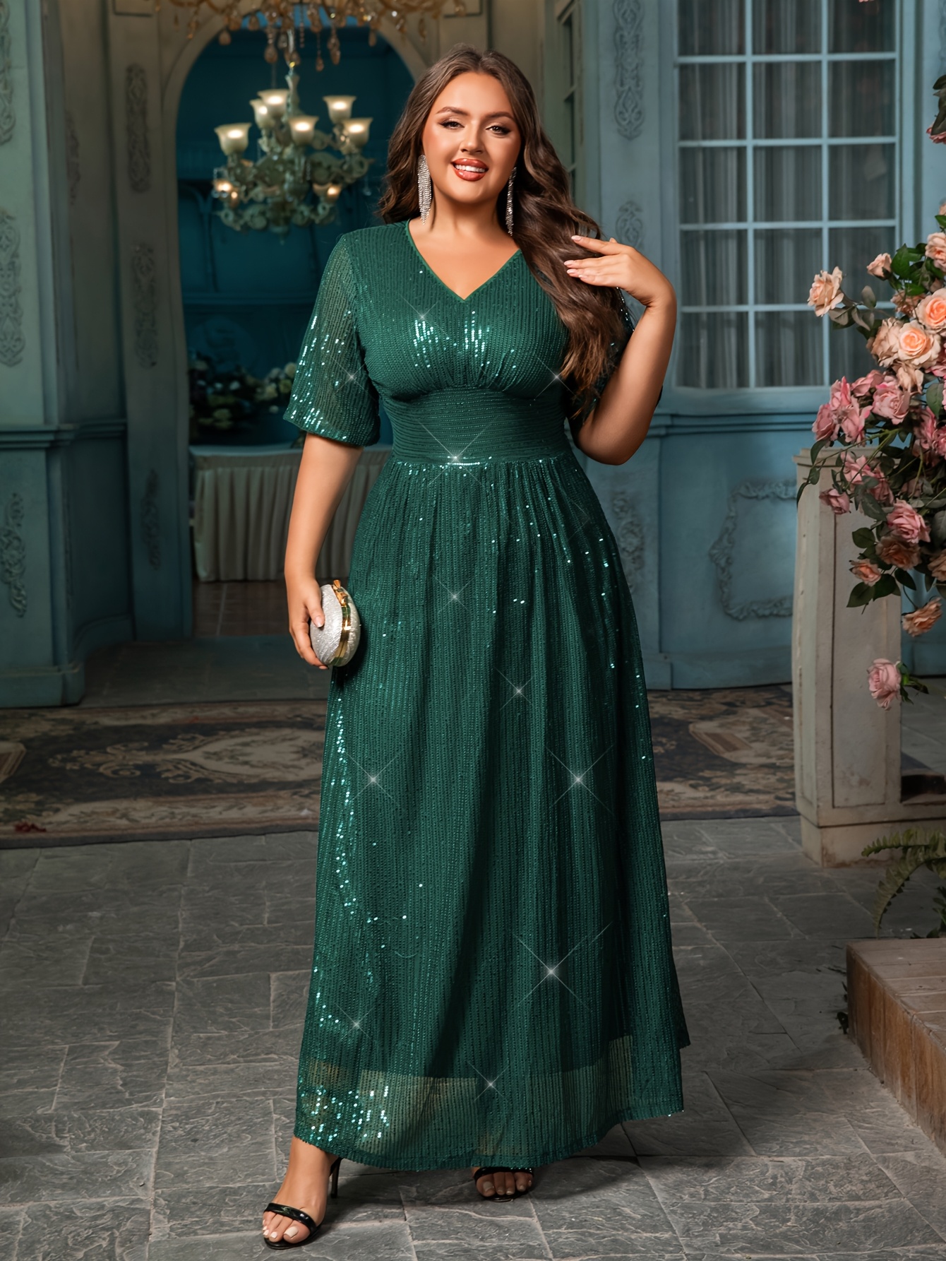 long sleeve velvet burgundy dress Plus Size Burgundy Sequin Formal Dress| Wedding Outfit|Top Super Deals main image 1