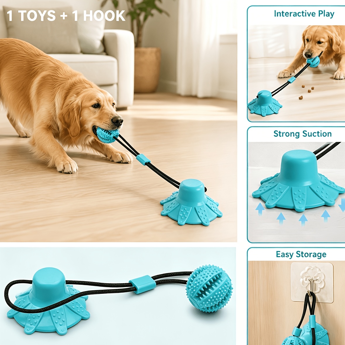 TEMU 2pcs Interactive Dog Chew Toy Set: Includes 1 Suction-cup-style Tug Toy With A Textured Ball That Dispenses Treats And 1 Hook. Boredom. Features