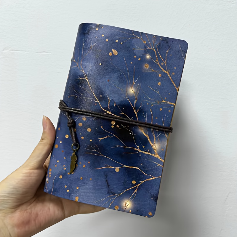 TEMU Vintage Pu Notebook Perforated Leather Tag Perfect For Projects Memories With Golden Branches, Dots And Lights