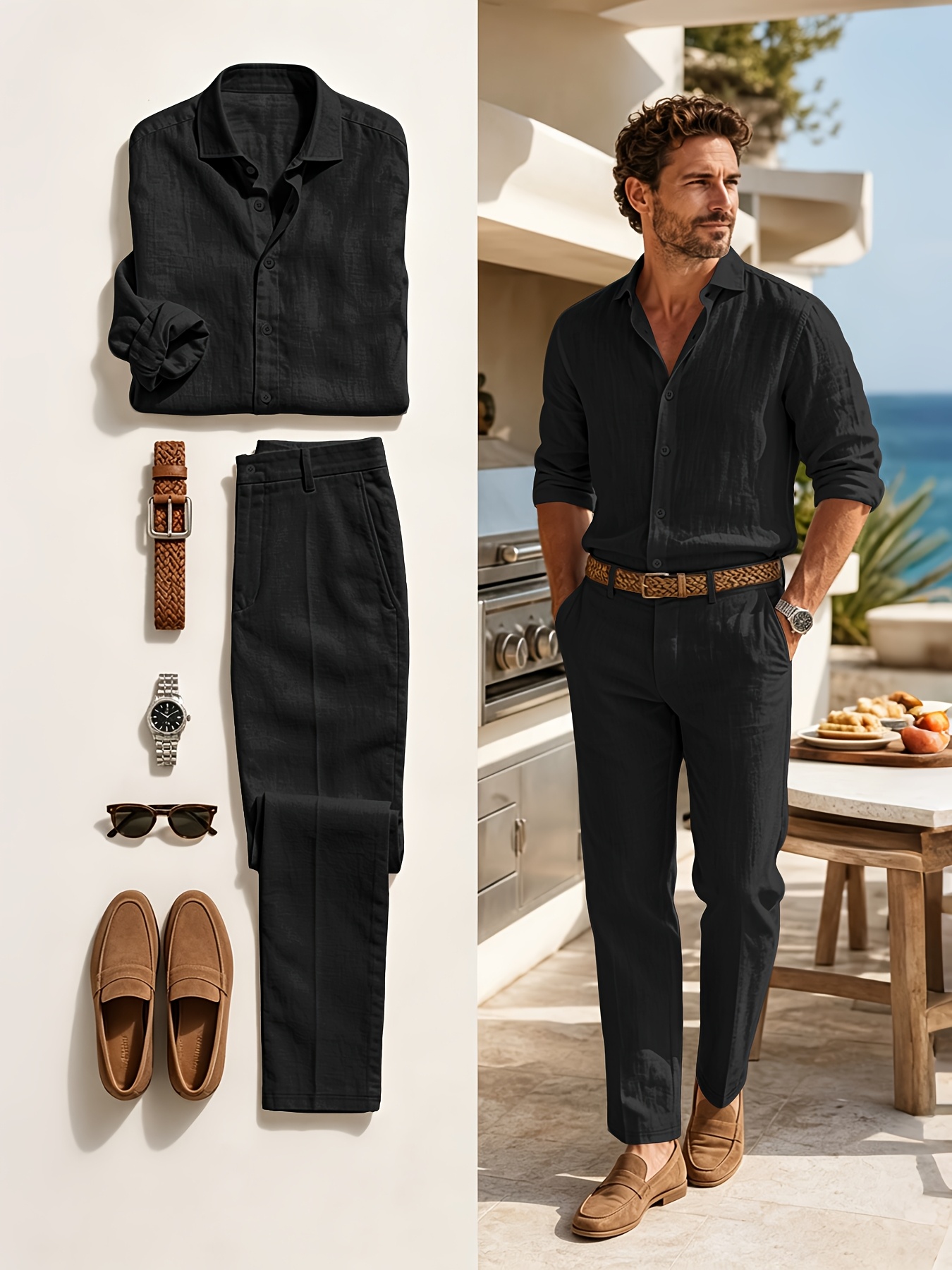 ensemble chemise en lin à col   manches longues mince et pantalon droit pour homme printemps automne nouveau, solide à taille élastique, tendance mode confortable,     sortie sport vacances rue 2 pièces 0