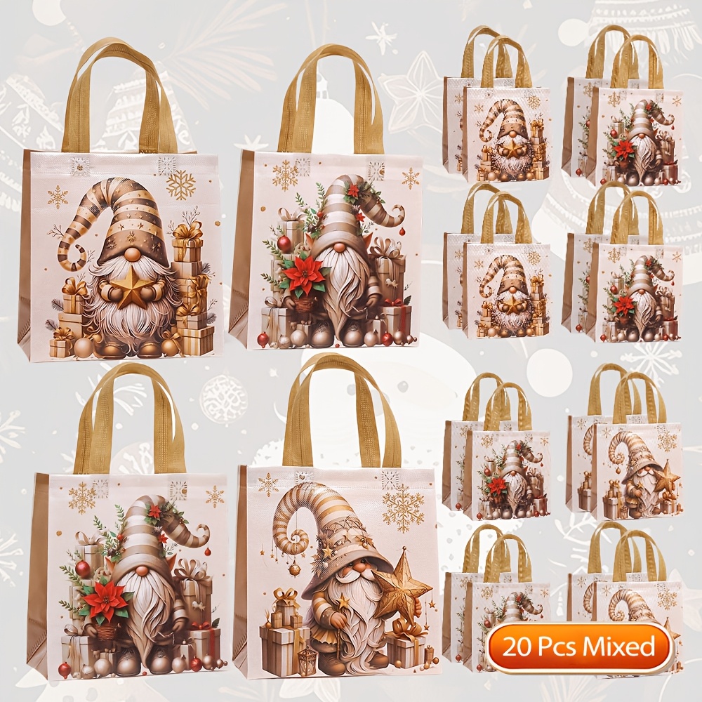 TEMU 20 Stück Weihnachts-Gnom Geschenk-Tragetaschen, wiederverwendbare Vlies-Geschenktüten mit goldenem Gnom-Schneeflocken-Print,