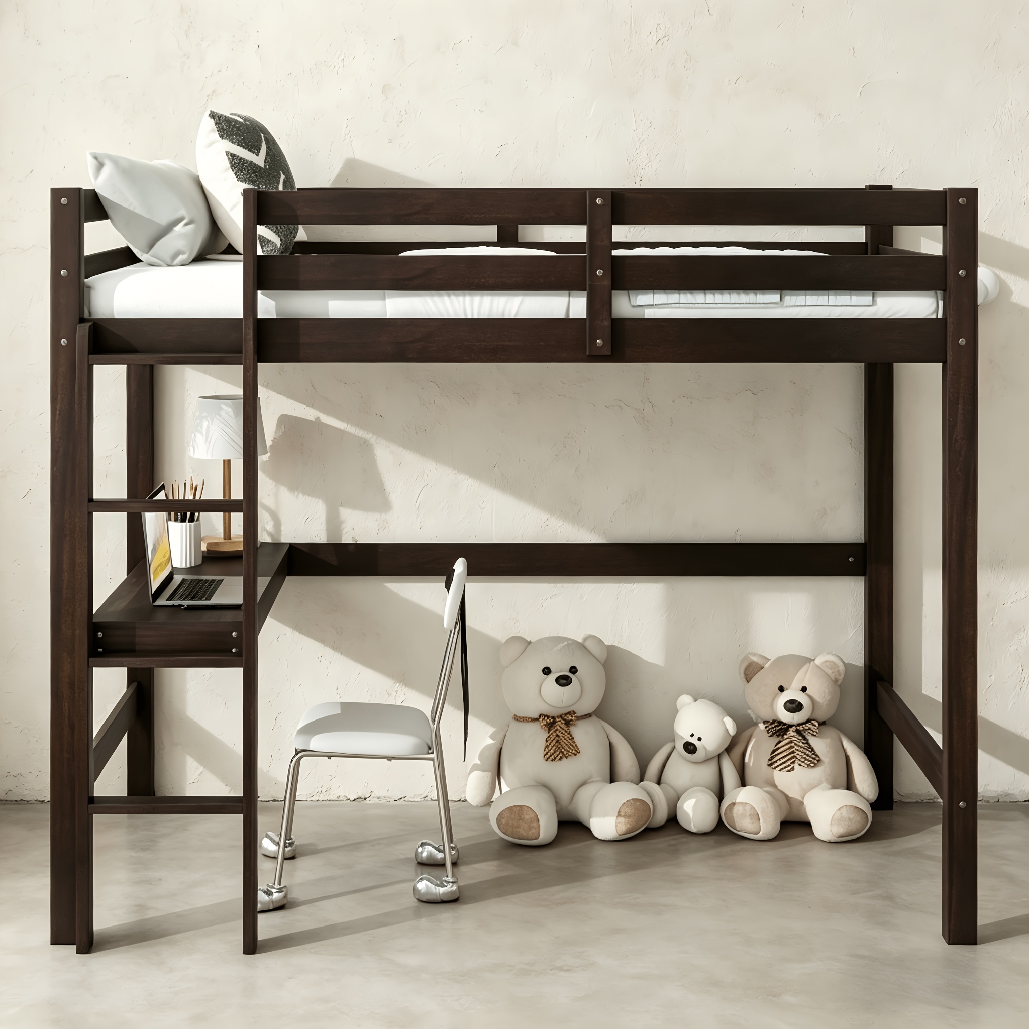 BELLEMAVE Twin High Loft Bed, Rubber Wood Loft Bed with Safety Guardrail, Built-In Desk, Ladder, Espresso