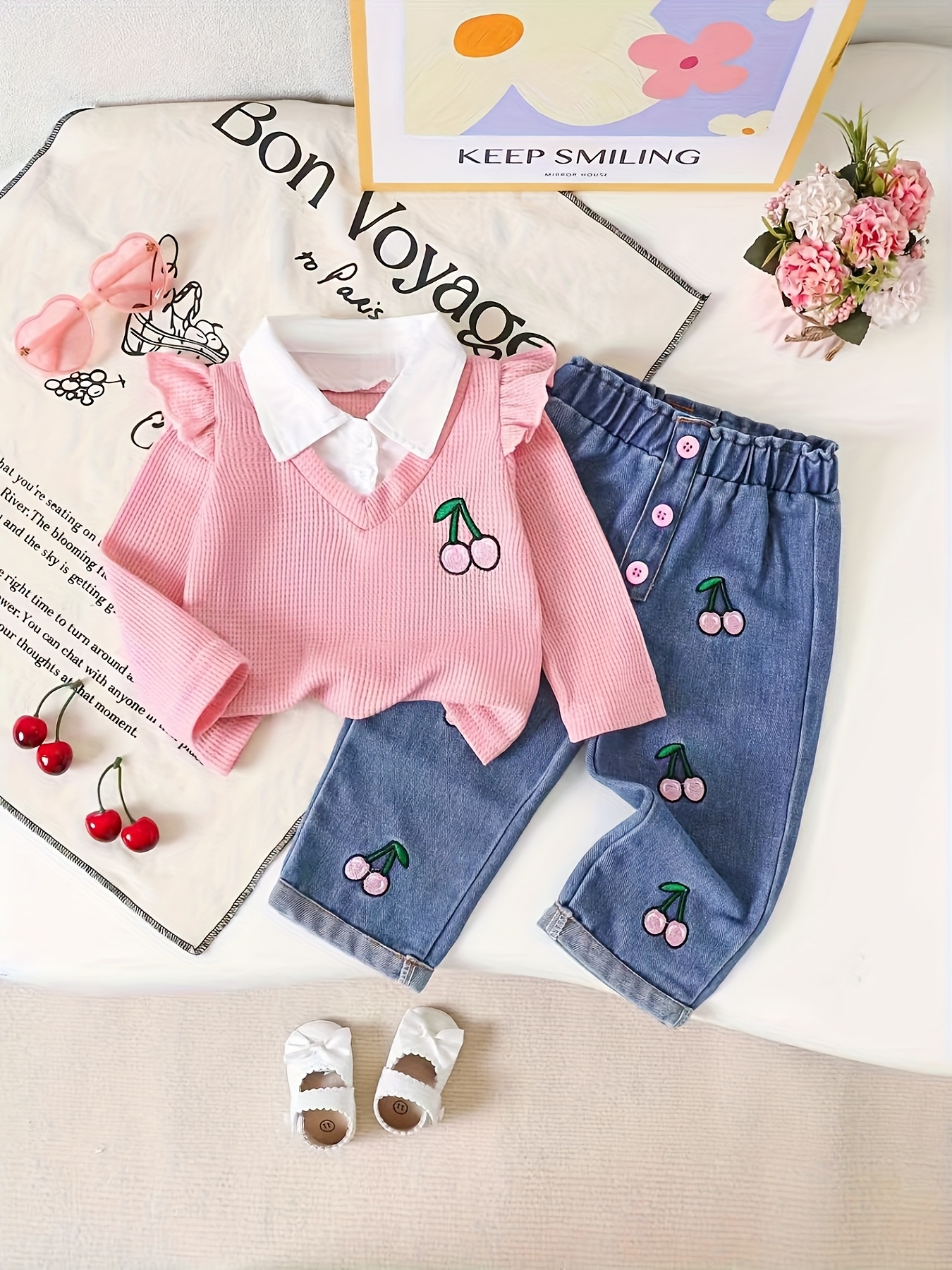 spring and autumn casual sweet and   for baby girls a pink waffle collar faux two piece top   with cherry embroidered straight leg elastic waist faux denim set   everyday   and play for outdoor Product details 5
