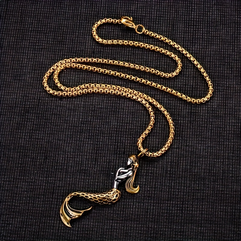 Image of 1pc Of Exquisite Titanium Steel Golden Mermaid Pendant Necklace, Fashionable And Easy Mermaid Necklace, Suitable For Daily Men And Women, For Festivals, Parties, Banquets, And Gift Jewelry
