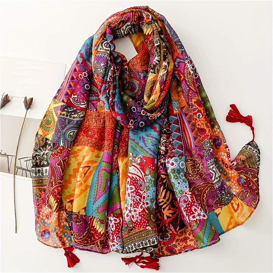 E-shop Frühlings- und Sommerneues Damenrotes Schal-Tuch im Bohemian-Stil mit weicher, lässiger Anmutung, Quasten, als modisches Schal-Tuch,