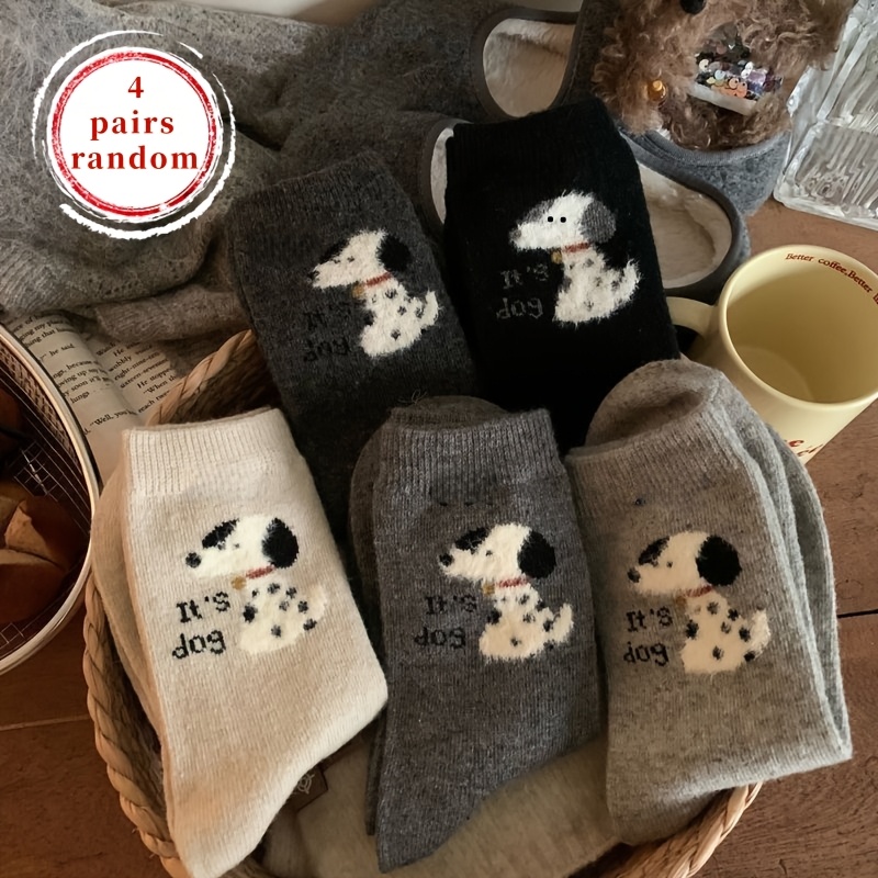 TEMU 4 Pairs Of Mixed Random Colors, Latest Trendy Instagram-style Simple Versatile Sweet Cute Puppy Mid-calf Socks, Autumn/winter Adorable Sports