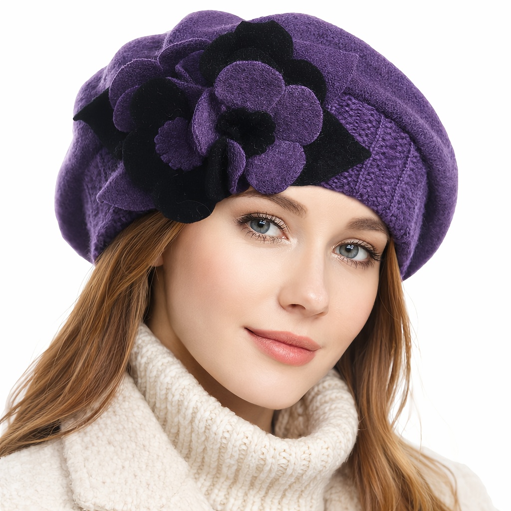 womens french beret hat wool elastic beanie floral - Temu display picture 1