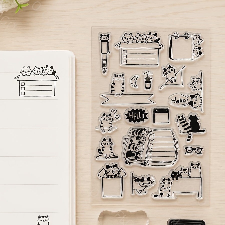 TEMU Clear Stamp Set, Reusable Transparent Stamps With Kitten, Memo Frame, Gift Box And Stationery Designs For Journaling, Scrapbooking, Card Making,