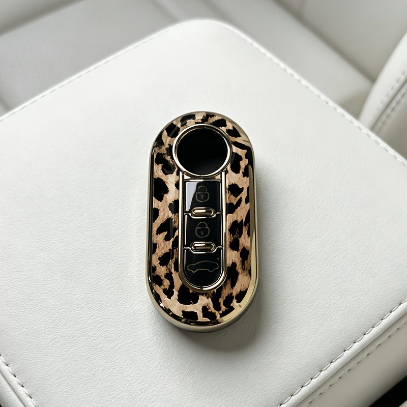 TEMU Leopard Print 3-button For Fiat Car Key Fob Cover, Fits For Fiat 500, Panda, Palio, Punto, & More Models, Golden & Silver Electroplated Border,