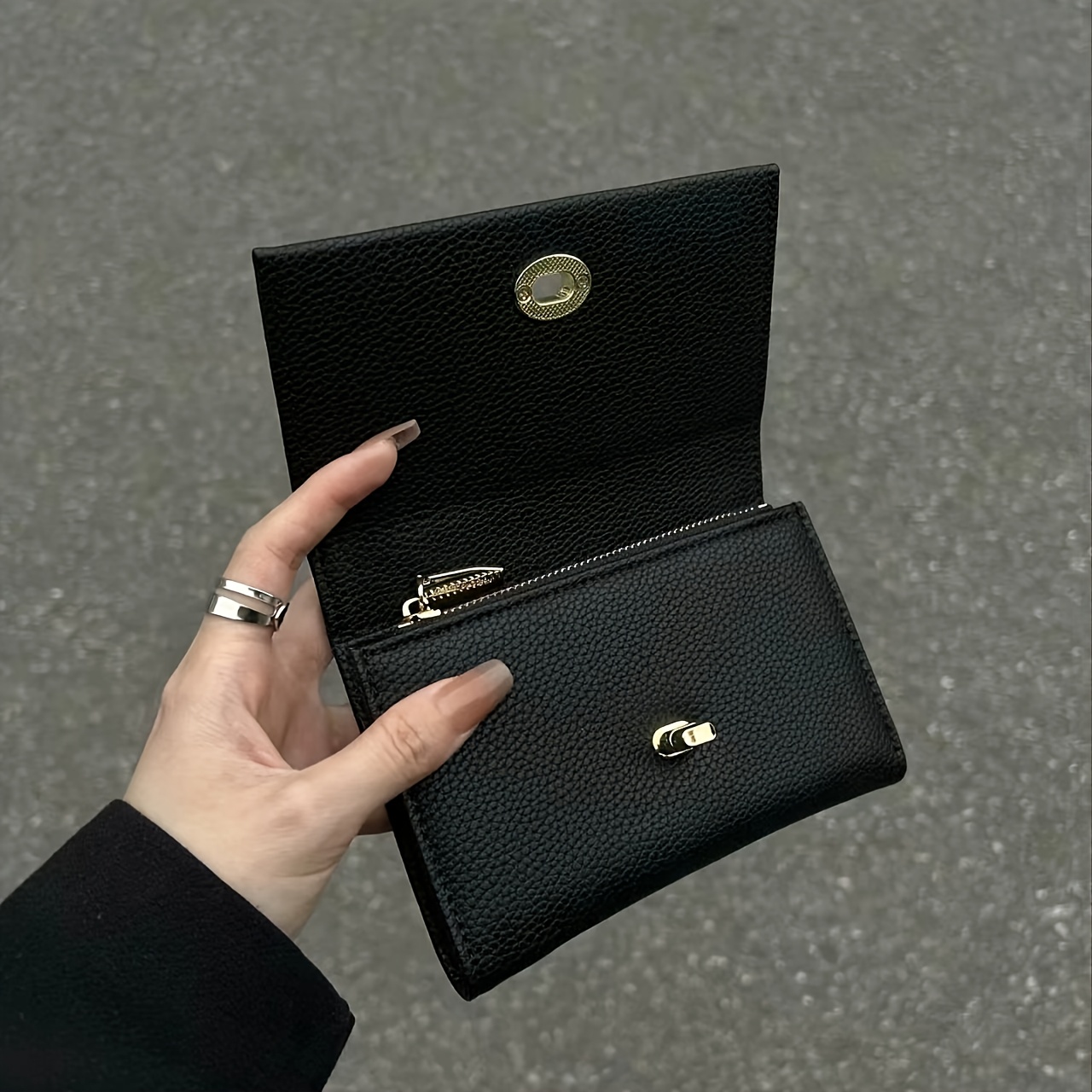 TEMU クールでなスタイルので精巧なレディースブラック財布、コンパクトなカードホルダー財布、複数のカード付きショートウォレット