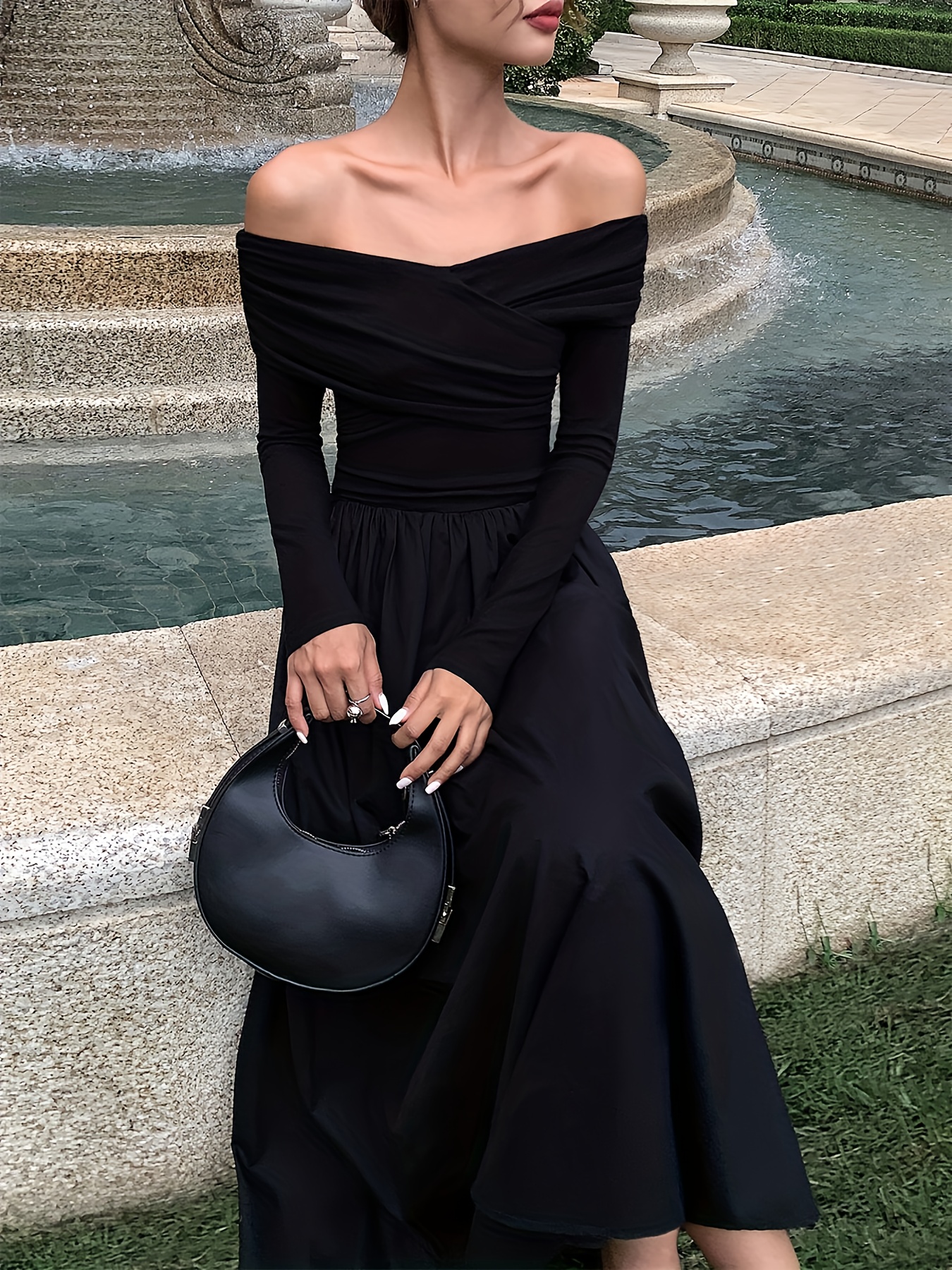 strapless open back dress Glitter Off Shoulder Black Mermaid Long Prom Dress Party Dress – Pgmdress main image 0