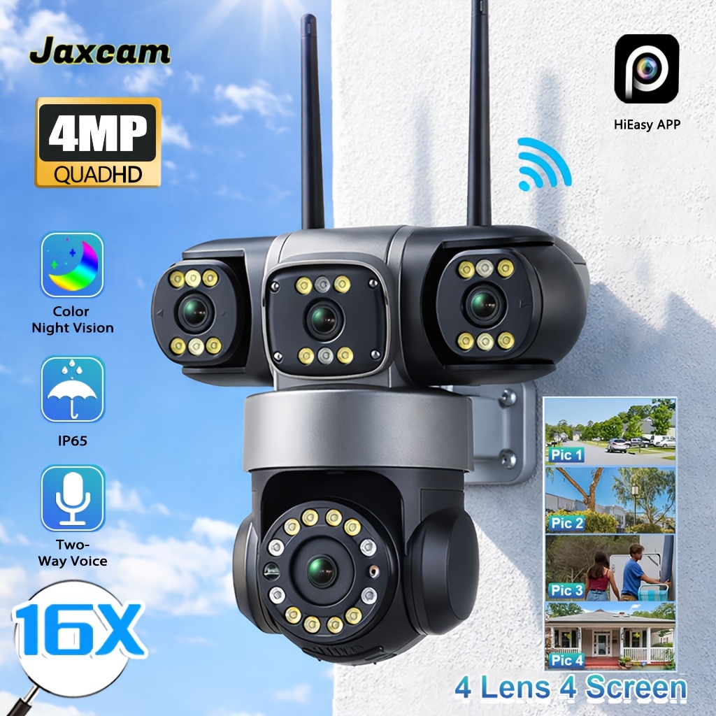 4MP QHD Home Security Outdoor WiFi Camera 4 Lens 4 Screen Home Security Camera (power Adapter Not Included) Outdoor Wireless Camera, 2.4GHz WiFi, 360°PTZ Pan/Tilt Rotation, Motion Detection Tracking, Two-Way Voice Intercom, Full Color Night Vision