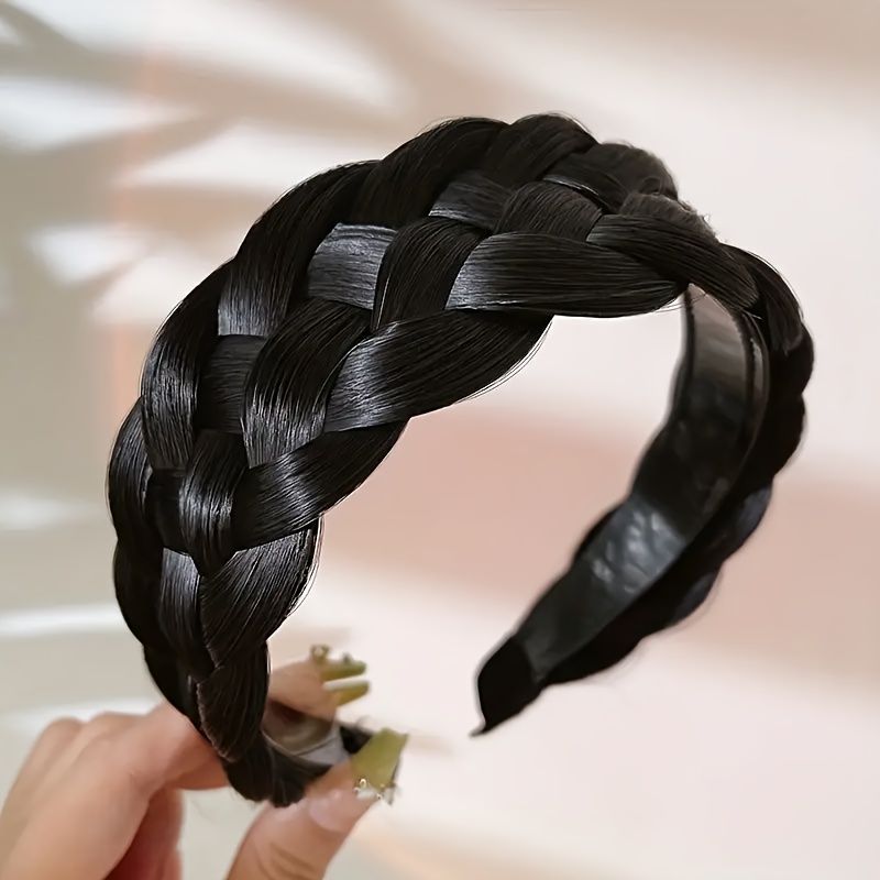 TEMU 1pc Elegant Braided Headband - Vintage-inspired Fishbone Braid, Wide Non-slip With Teeth, Handcrafted Synthetic Hair Bun Accessory, Polyester,