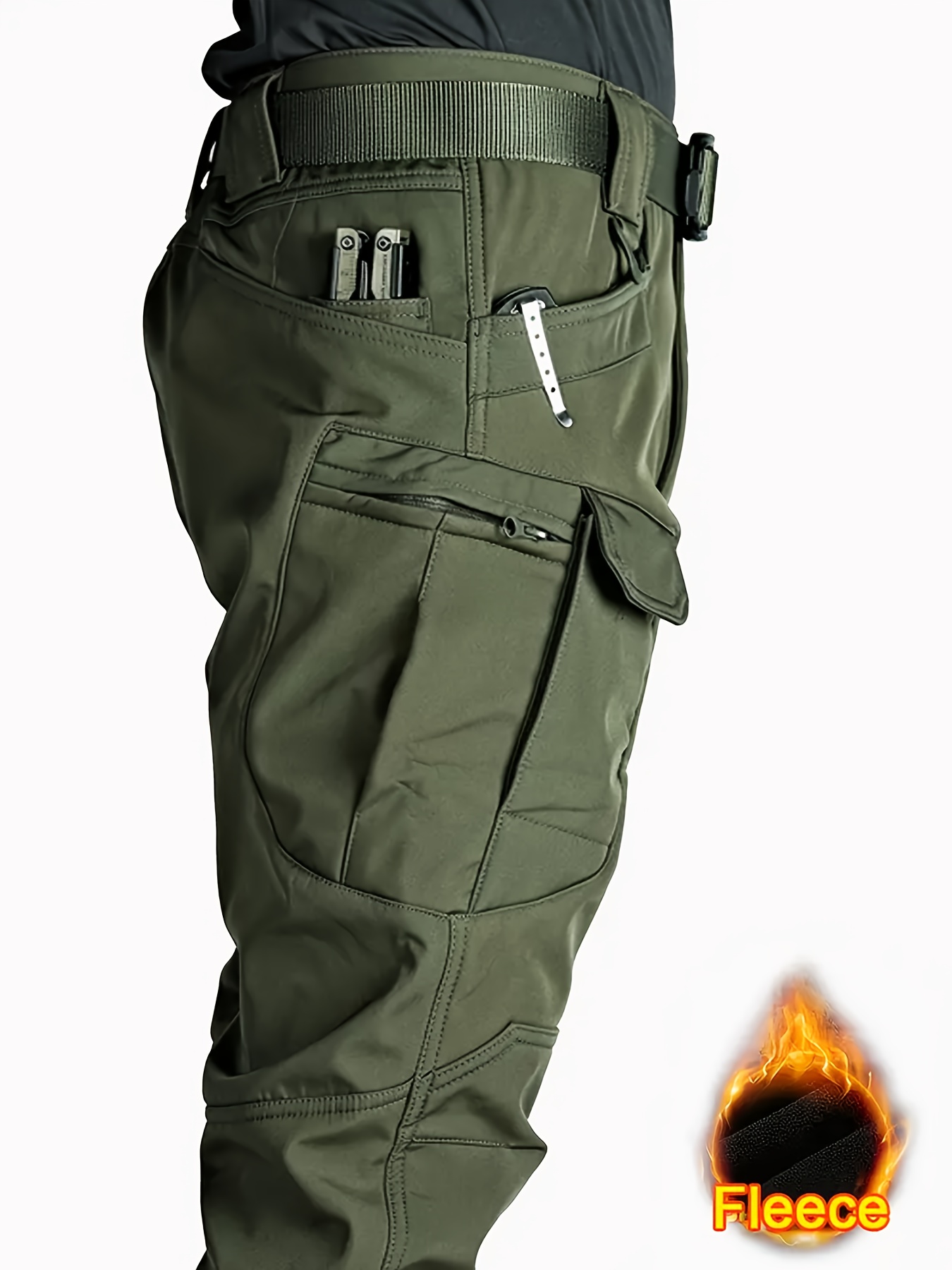 mens olive green windproof soft shell pants with fleece lining multi pocket polyester spandex blend for hiking cycling weatherresistant pants regular fit pants softshell hiking gear details 0