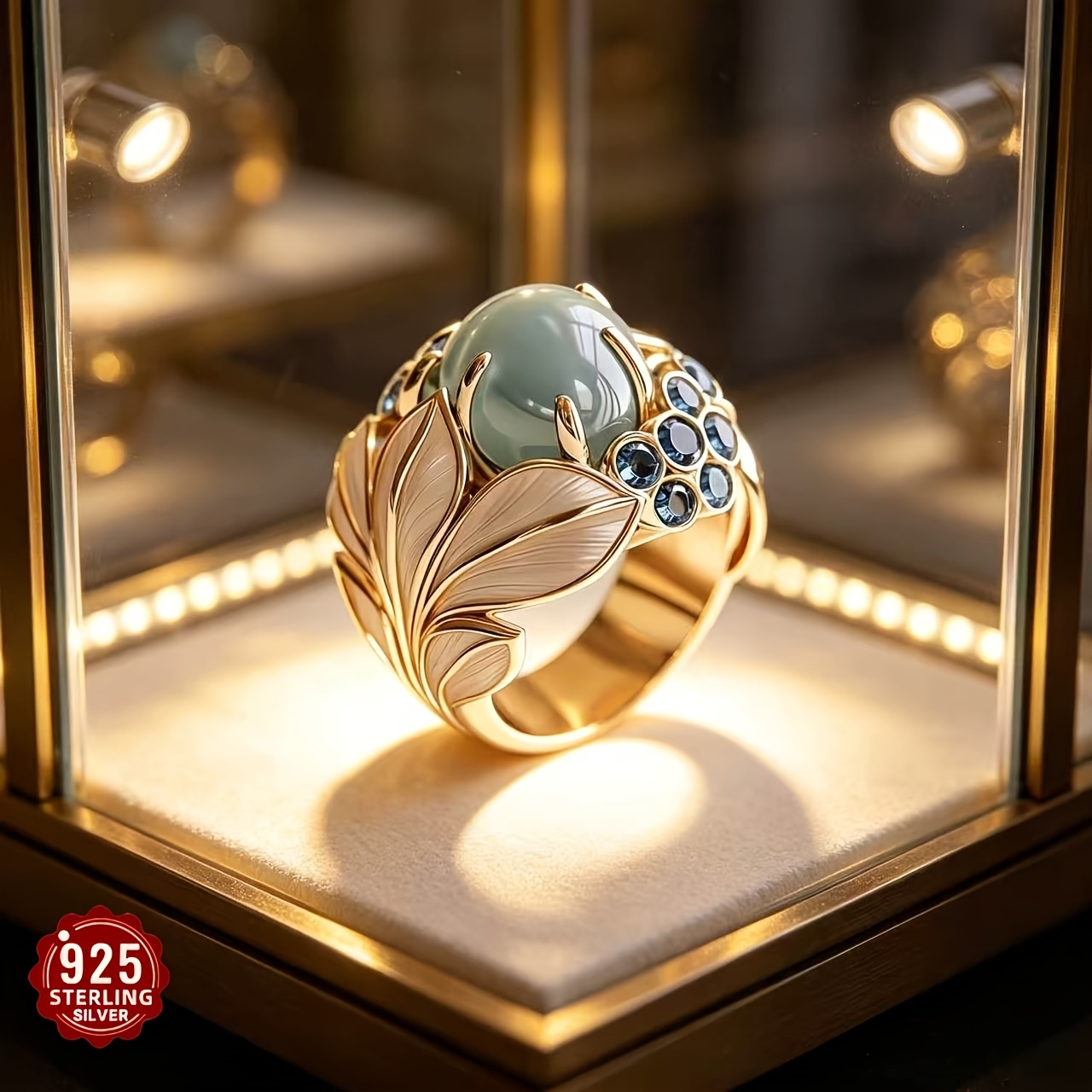 TEMU S925 Golden Color 3d Relief Leaf Jade Ring, Round And Smooth Emerald Green Agate Main Stone With Blue 5a Zirconia Accents, Light Style, Perfect