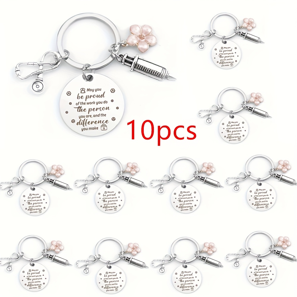 TEMU 10 stuks Verpleegkundig Dag-sleutelhangercadeaus, Spuit Stethoscope Roze Bloem-sleutelhangers - Perfect voor Dokter Verpleegkundige Afstuderen,