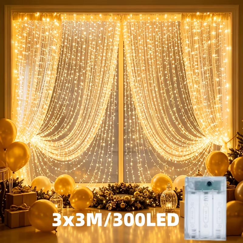TEMU 1 Pack × Fairy Curtain Lights, 300 Leds Battery Operated, 3 Light Colors Warm White/white/, 8 Lighting Modes, Window Decor For Bedroom, Party,