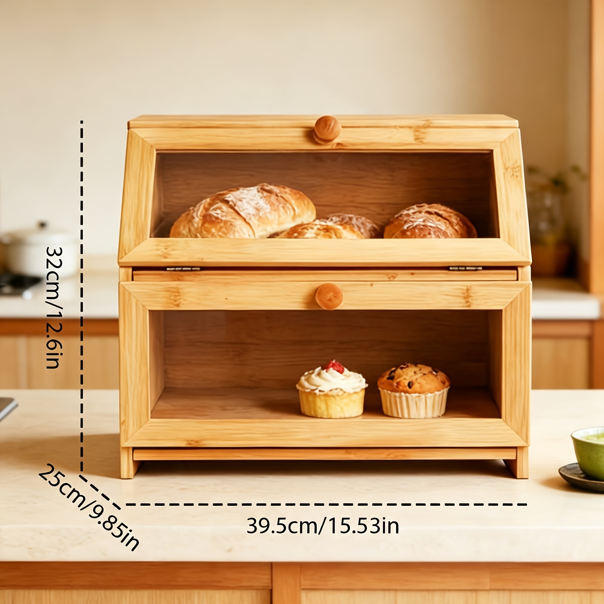 Image of Ventilated Bamboo Bread Box With Food Tongs, Large Bread Box, 2 Shelves And Viewing Window, Wooden Bread Container, Rolls, Bread Storage Kitchen, For Parents , Holiday Gifts, Practical Home Decoration