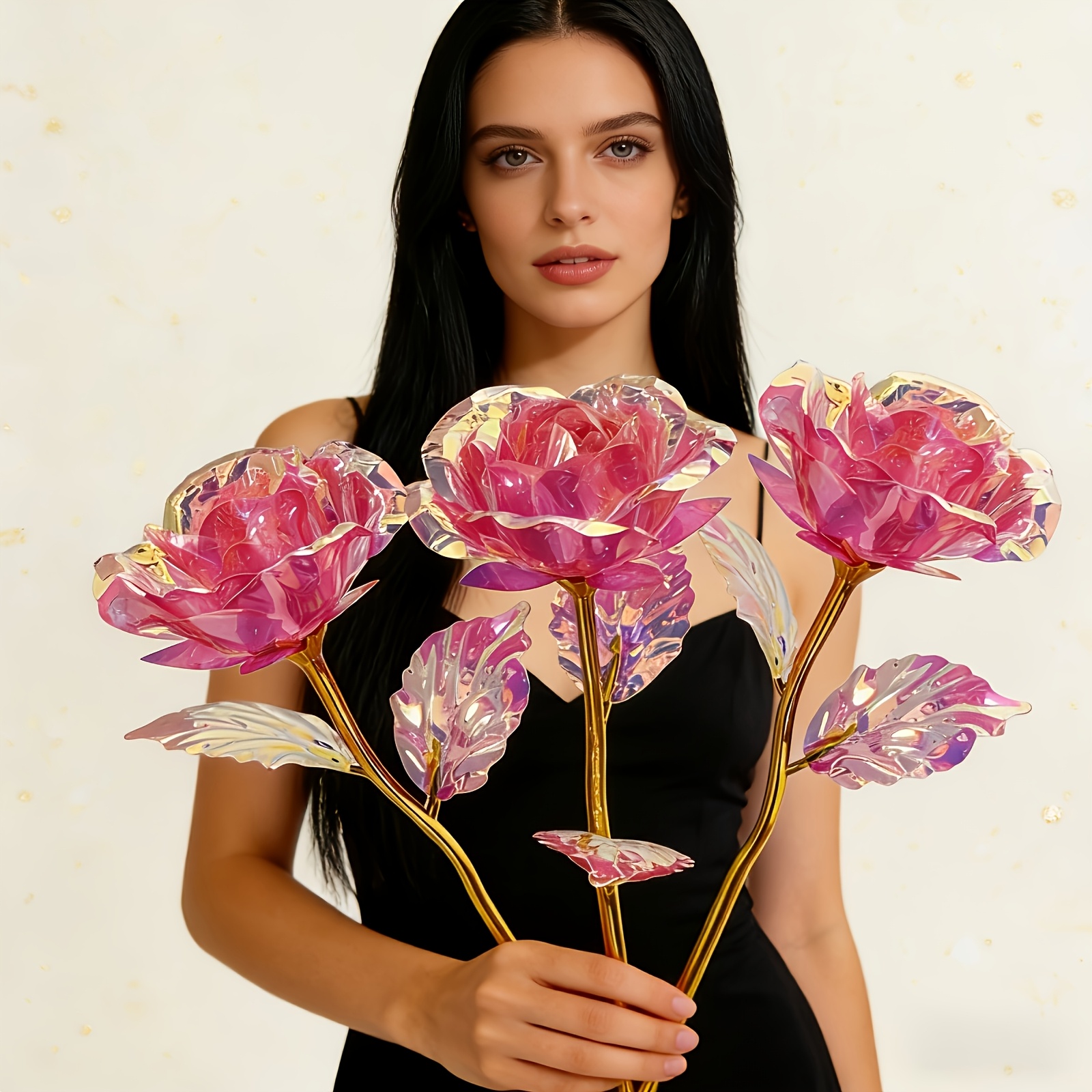 11pcs Everlasting Crystal Rose Bouquets - Shiny Plastic Flowers Suitable for Wedding, Valentine' Day, Home Party Decor with Realistic Roses & Foliage, Low-Maintenance Elegant Centerpieces for Table Centerpieces, Year-Round Decoration