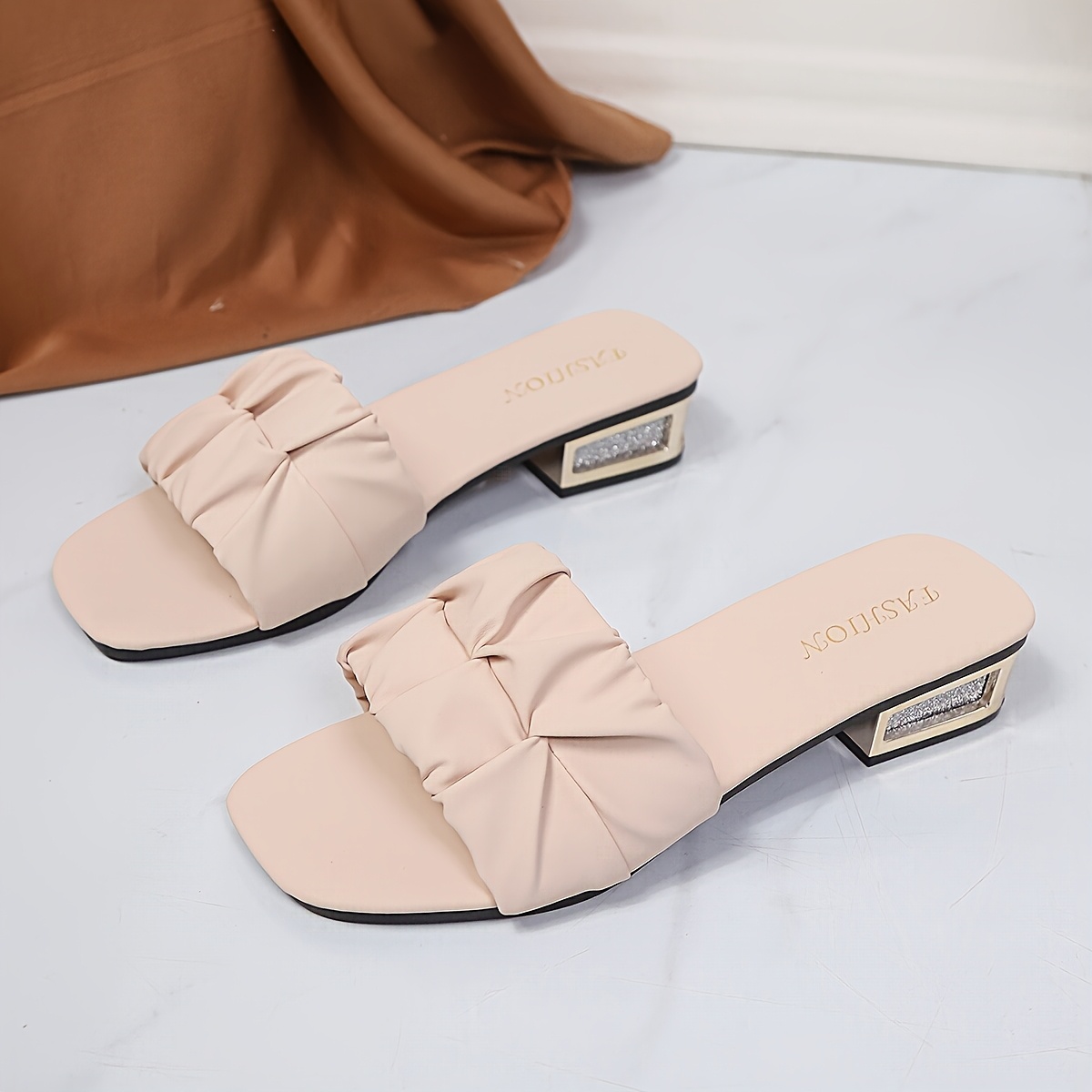 Women'S Stylish Summer Mules with Pleated Bow And Sparkling Chunky Heels, Suitable for Everyday Commuting, Dates, Or Parties., Women Shoes