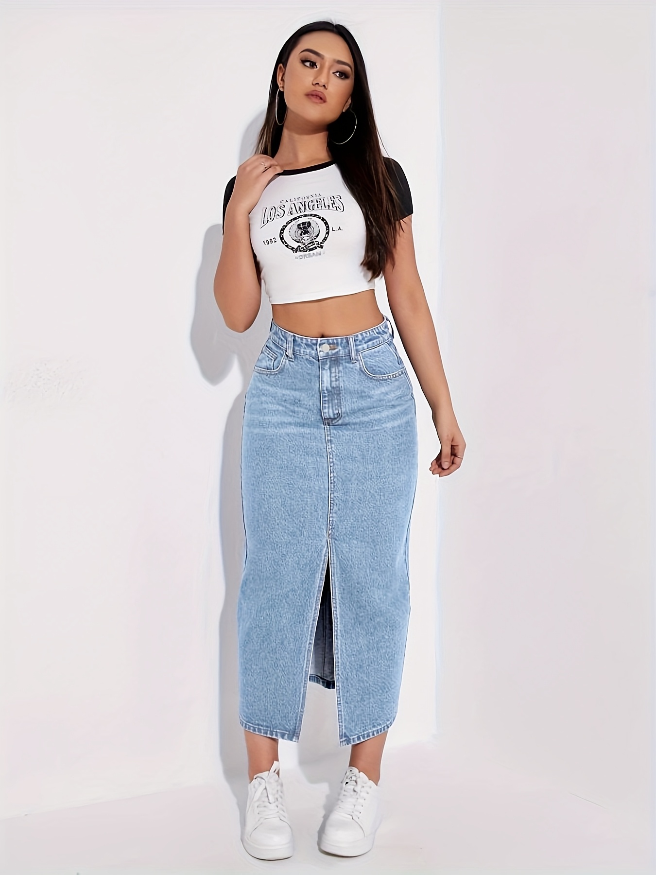 2025 new womens imitation denim skirt front slit - Temu South Africa