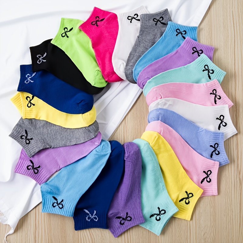 TEMU 10 Pairs Of Mixed Colors Random Style Women's Colorful Easy Bow Short Socks Spring And Summer Solid Color Breathable Women's Short Socks Daily