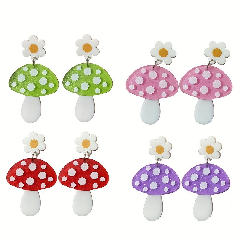 TEMU 4 Pair/set Chic Acrylic Dangle Earrings With Floral Accents, Cute Cartoon Style Acrylic Jewelry Trendy Holiday Ear Accessories.