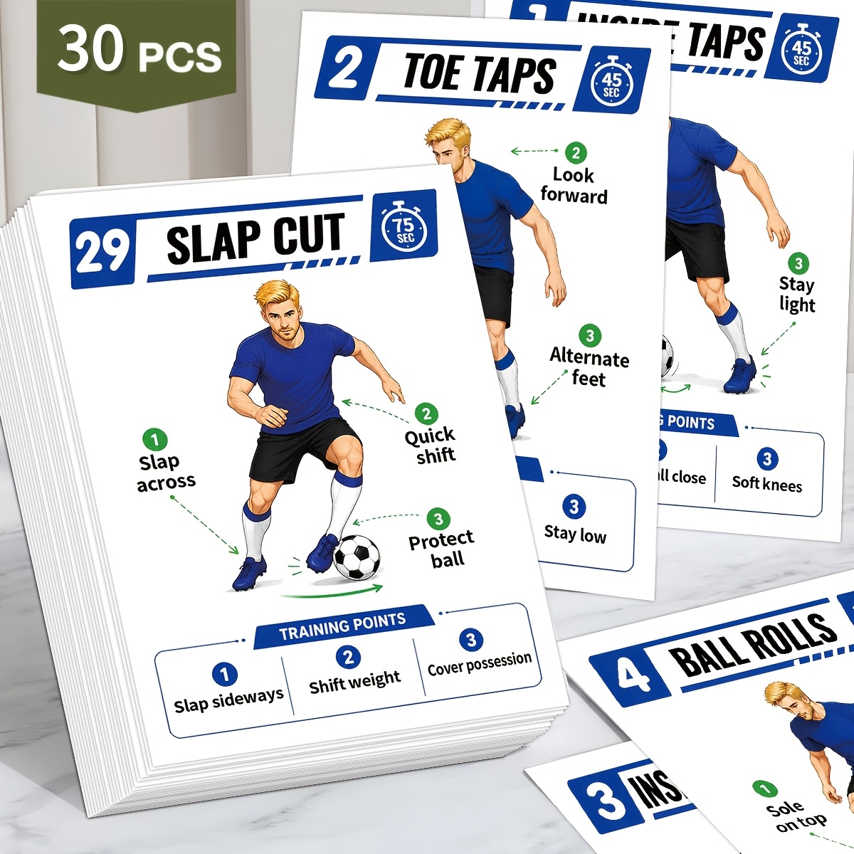 TEMU 30pcs Soccer Training Cards For Beginner Players And , Football Footwork Cards With Movement Illustrations, Including , Footwork, Turning, And