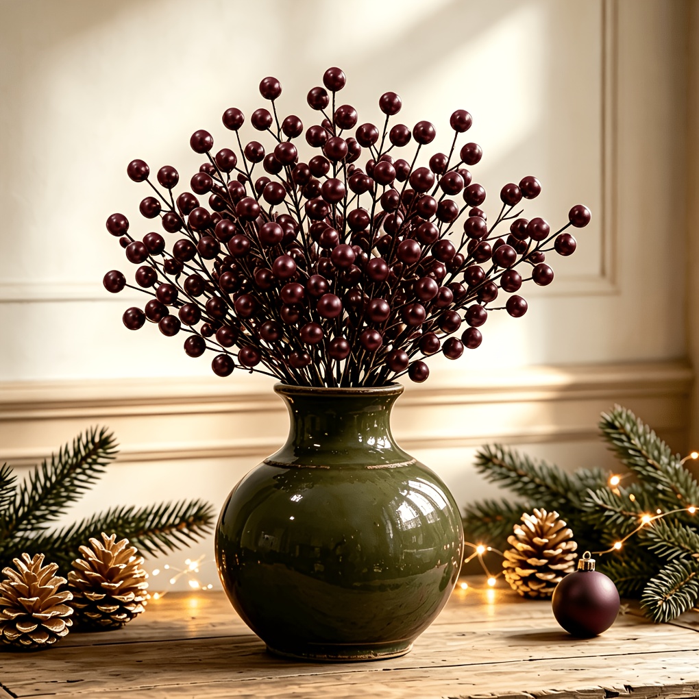 TEMU 19pcs Artificial Flowers With Faux Red Berries, Wine Red, For Christmas, Autumn, Winter, Thanksgiving, Home Decor, Holiday Decoration