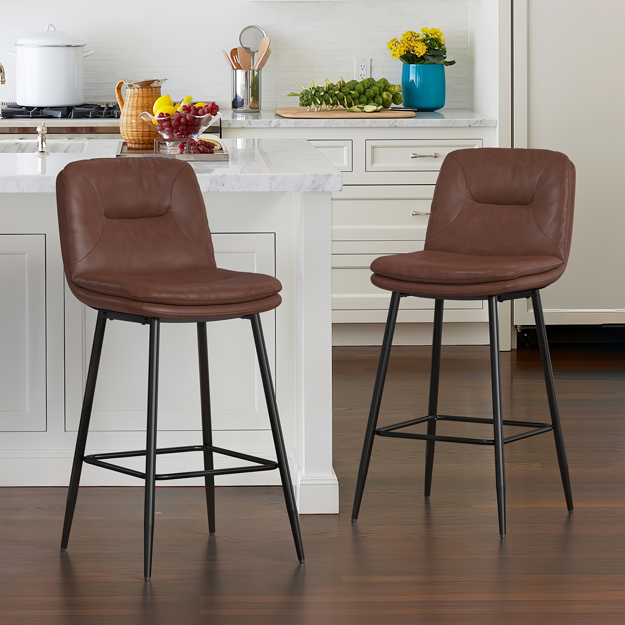 

26 Inch Bar Stools, Double-layer Upholstered Counter Height Bar Stools For Kitchen Island, Armless Chairs, Faux Leather Barstools With Back And Footrest, Dark Brown