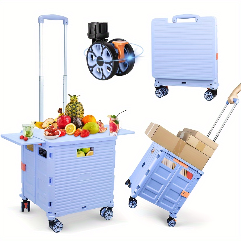 

Folding Utility Cart Portable Rolling Crate Handcart With Magnetic Sliding Lid Telescoping Handle Plastic Box Dolly 360°swivel Wheels For Travel Shop Move Office Teacher Use (blue Pro)