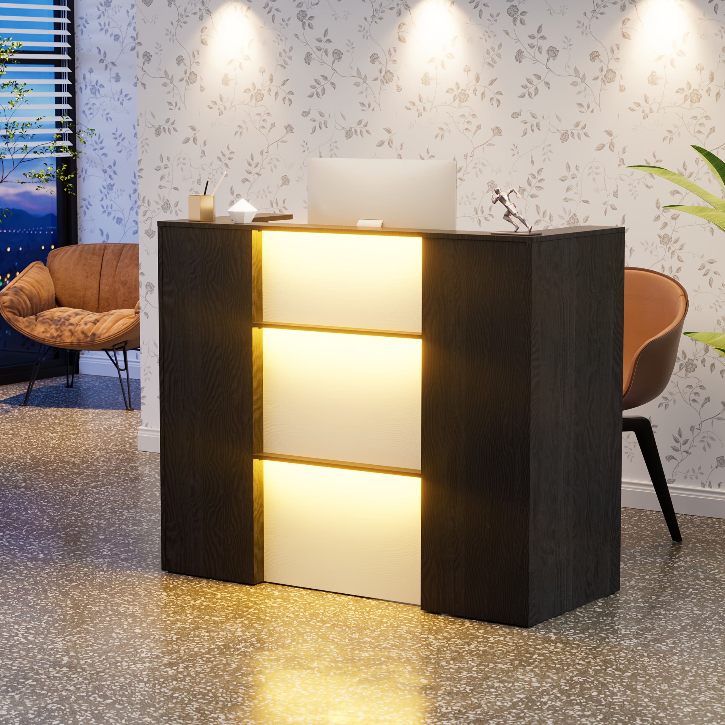 Image of Reception Desk With Led Lighting; , Counter, Black, With Lockable Drawers, Shelves, And A Large Work Surface, Suitable For Offices, Salons, Shops, Or Cafes.