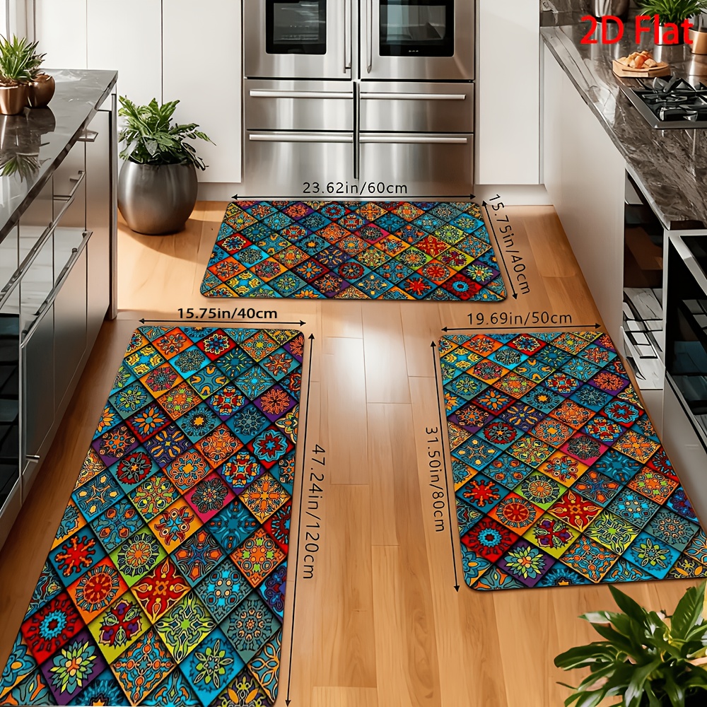 TEMU 2/3pcs Modern Style Mat Set, Colorful Geometric Floral Pattern Rugs, Suitable For Home Decoration 2d Flat Holiday Decor, Bar Anti-slip Mat,