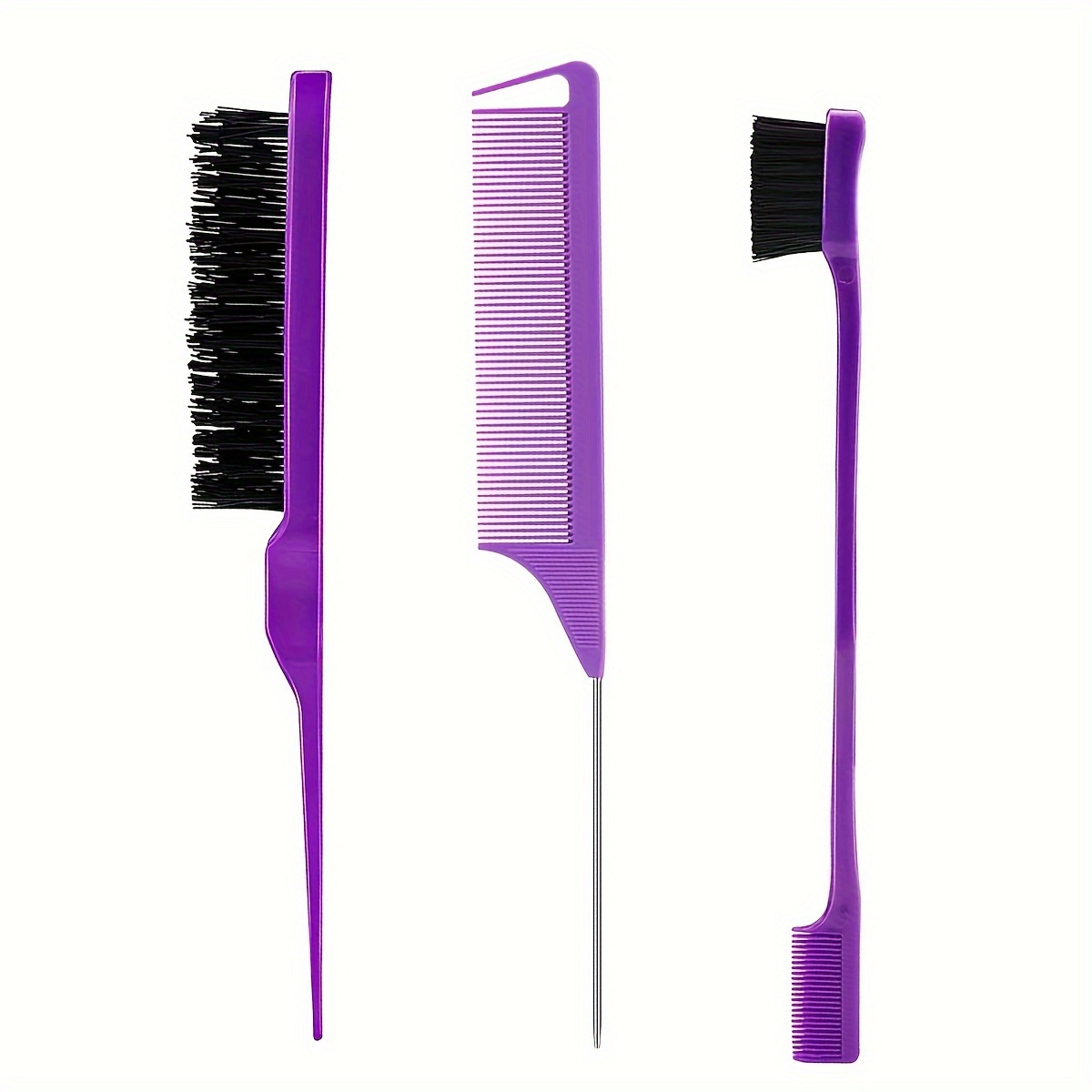 TEMU 3pcs Styling Brush Set Teasing Brush Rat-tail Brush Edge Brush For Side And Back Combing, Hair Brushing, Hair Smoothing For Women