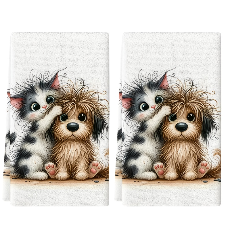 TEMU Ensemble de 2 pièces, Serviettes de cuisine avec entre chat tigré et chiot, Torchons, Décoration de cuisine et de salle de bain 16 X 24 pouces,