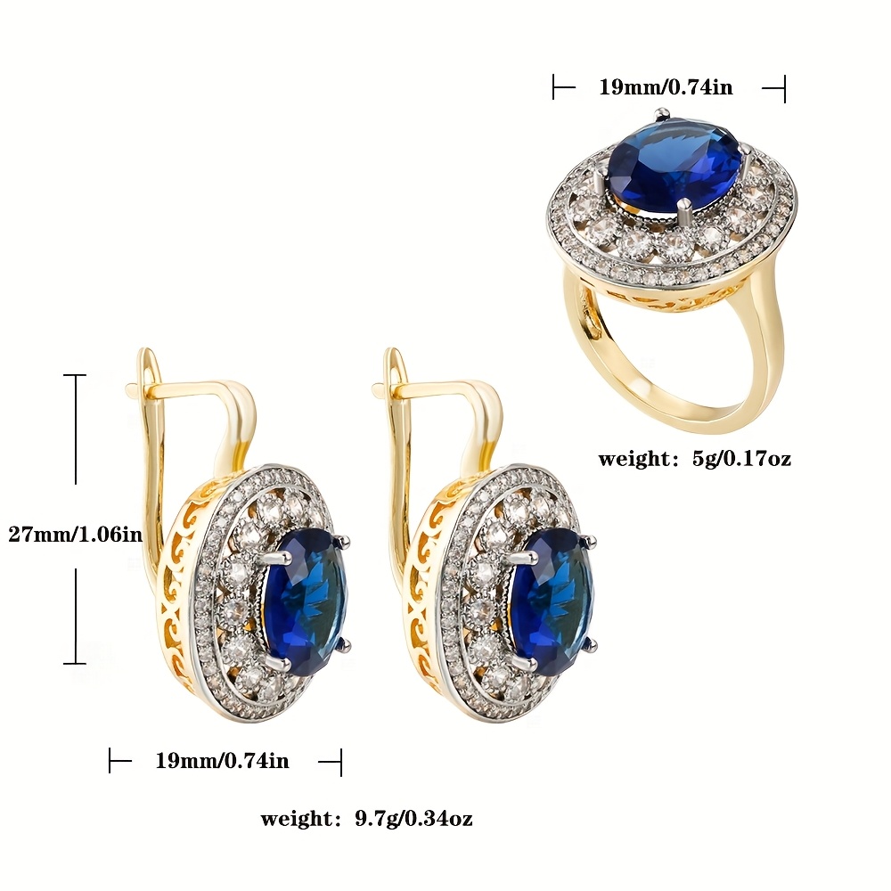 Two Tone Zirconia Oval Earrings & Ring Set 14K Golden Plated
